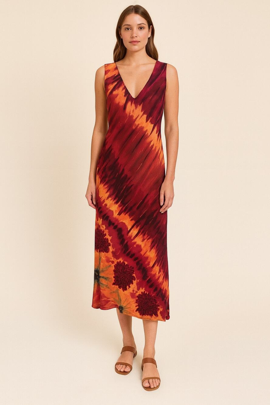 Vintage Tessuto Tie Dye Maxi Dress Red Orange Rayon Boho 90s Style Made in USA S